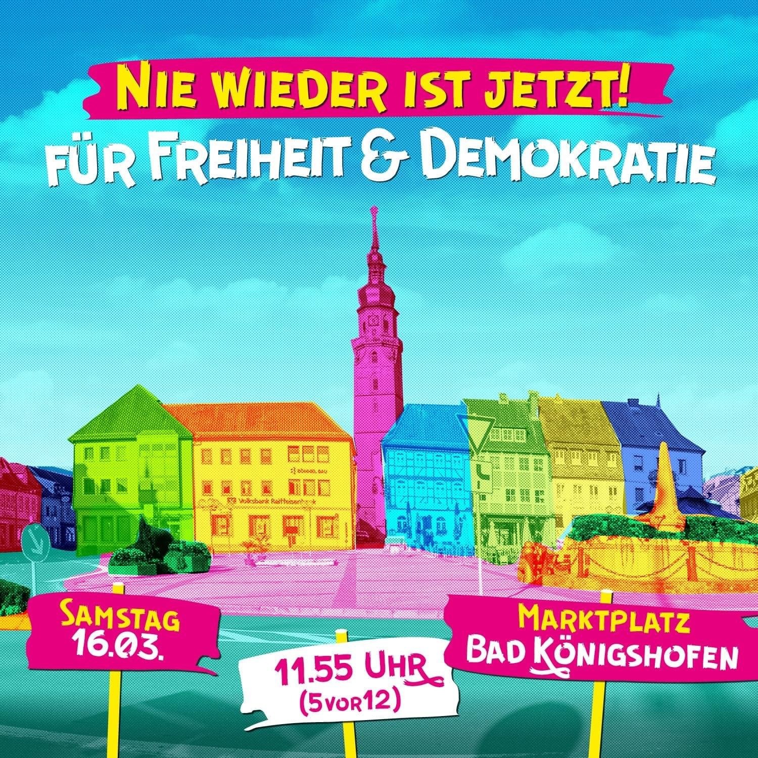 Das Sharepic für die Versammlung mit den Daten und einem Bild des Königshofer Marktplatzes. Bearbeitet und bunt eingefärbt